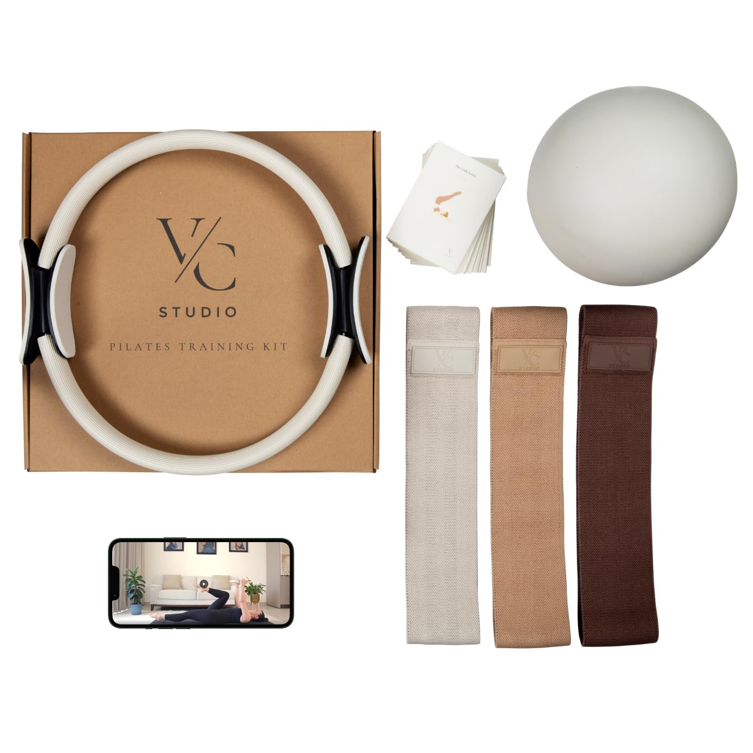 VC Studio Pilates Training Kit for Home Workout – Premium Fabric Resistance Bands, 13.5" Pilates Ring, Anti-Burst Ball, Exercise Cards & Digital How to Use Guide.
