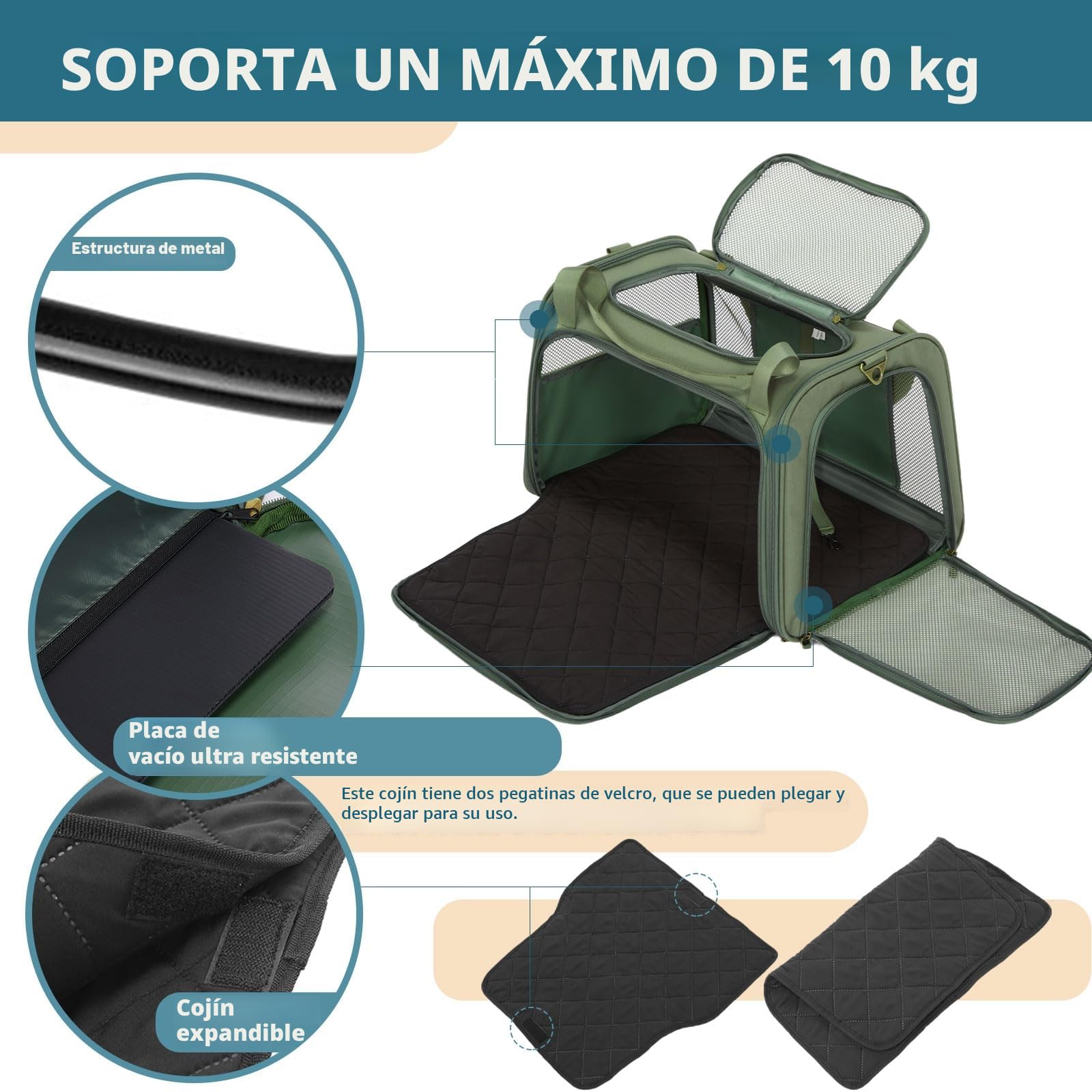 Petsfit Transportín Perro Gato Plegable Transportin Gato Mochila Mediano Grande Bolso Perro Pequeño Transpirable con Tirantes Ajustables y Acolchado Suave Coche y Tren, L/Verde