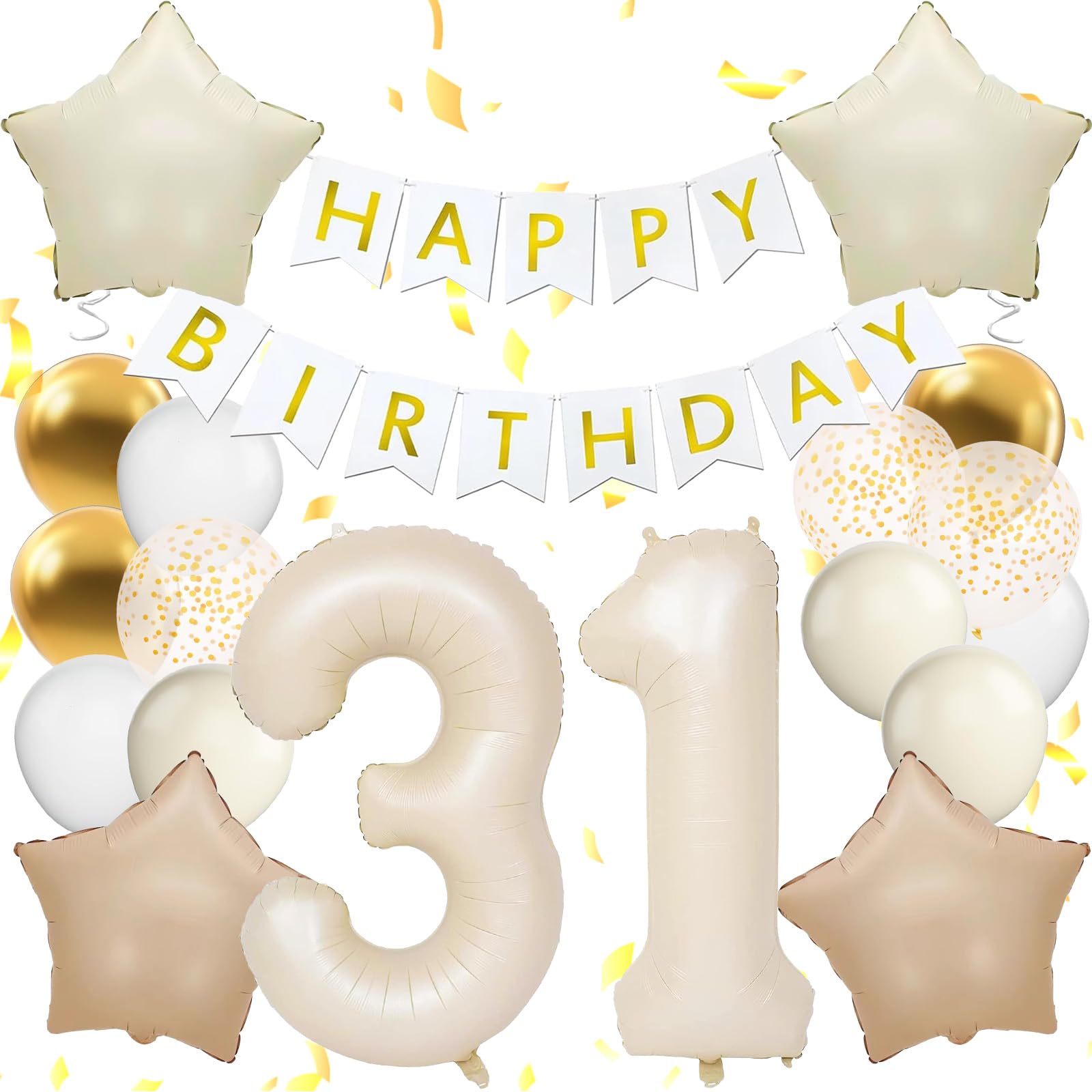 Happy 31st Birthday Decorations For Women, White Happy Birthday Banner, Beige 31 Balloon Numbers 40 Inch, 31 Birthday Balloons For White And Gold Birthday Decorations