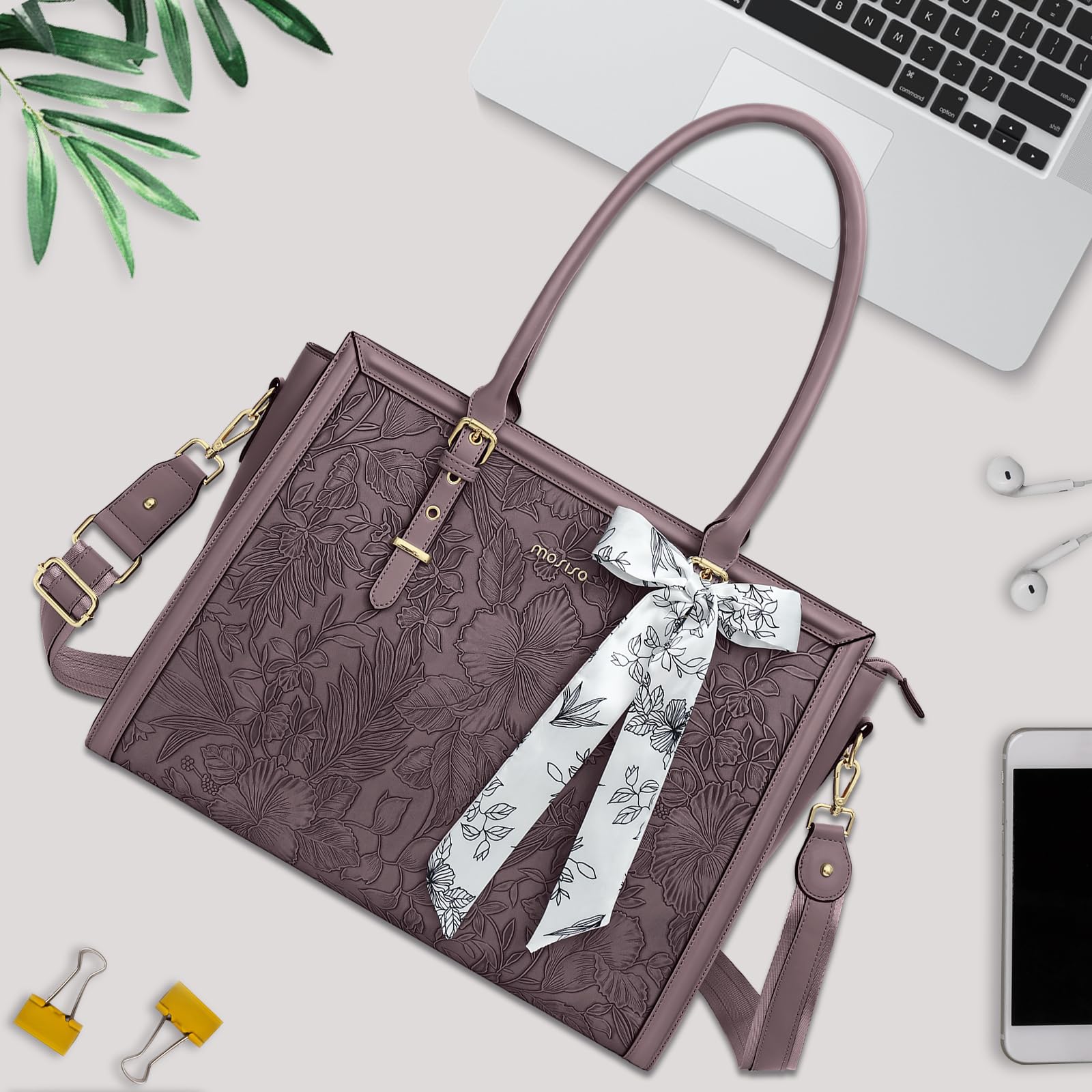 MOSISO Torba na laptopa dla kobiet, torba na ramię ze skóry PU, kompatybilna z MacBookiem, HP, Dell, Asus Notebook, przednia tłoczona torba na komputer retro hibiskus z jedwabnym szalikiem i