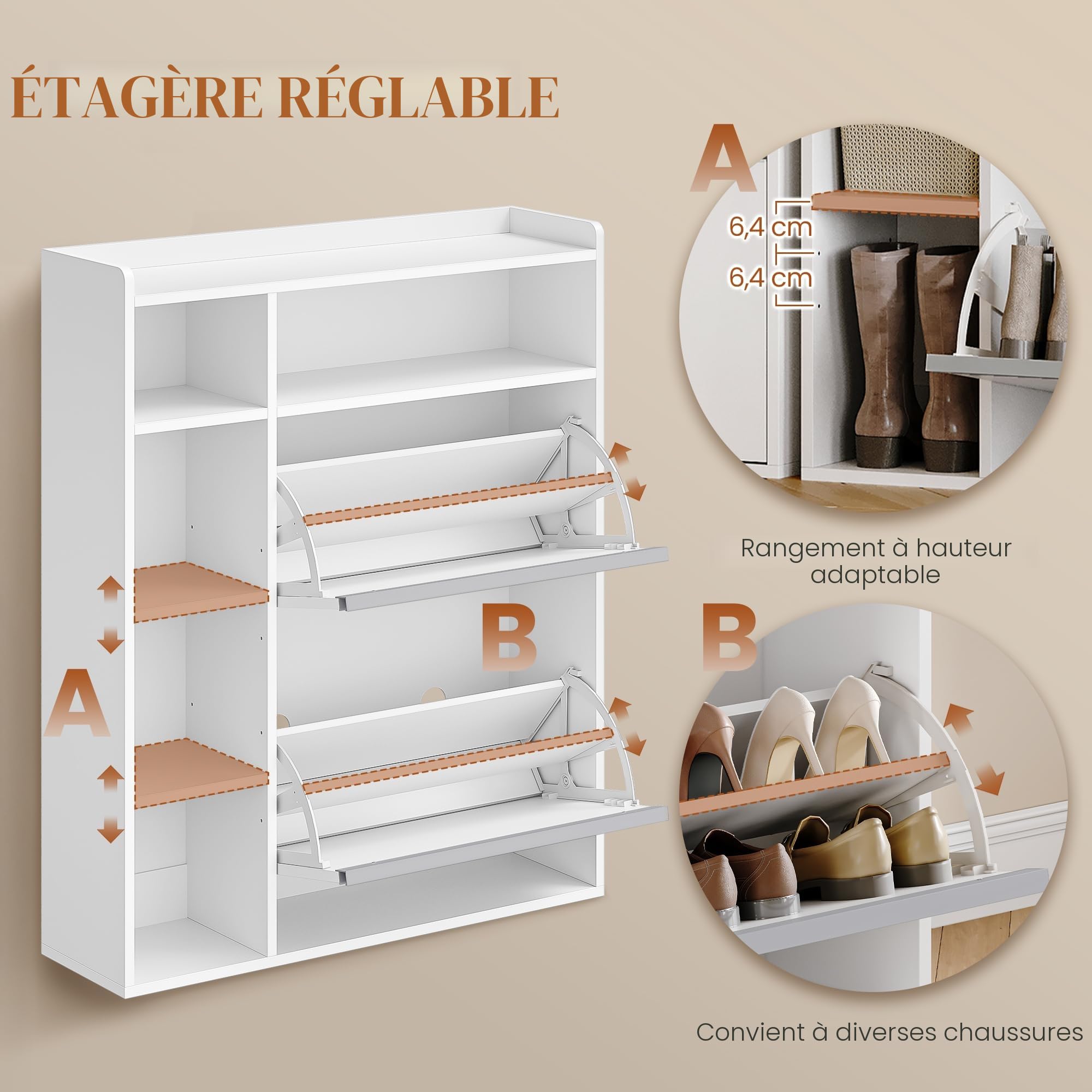 HEXCELEN Meuble à Chaussures avec 2 Portes, 5 Compartiments, Blanc | Armoire à Chaussures, Séparateur Réglables, 8 à 12 Paires, pour Entrée, Salon, 84,7 x 24 x 102 cm