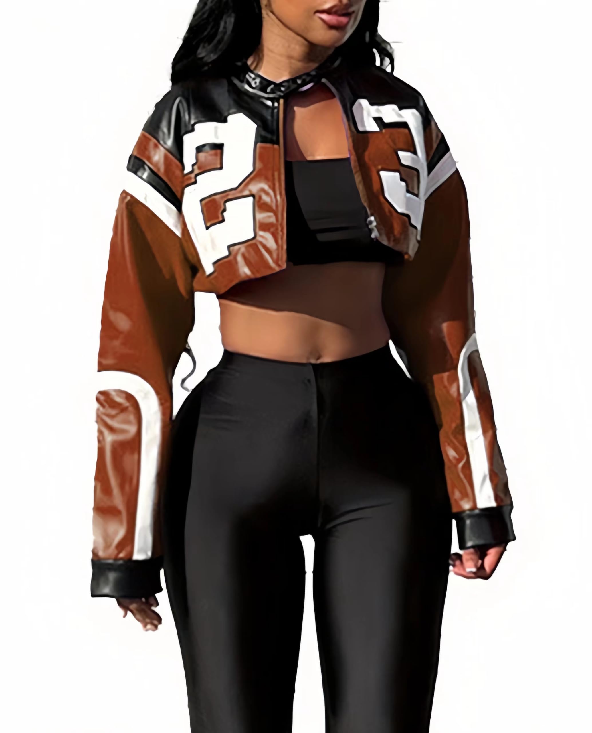 VOIKERDR Leather Jacket Cropped Jacket Motorcycle Jacket Y2K Letter Bomber Jacket Women Faux Leather Jacket Streetwear