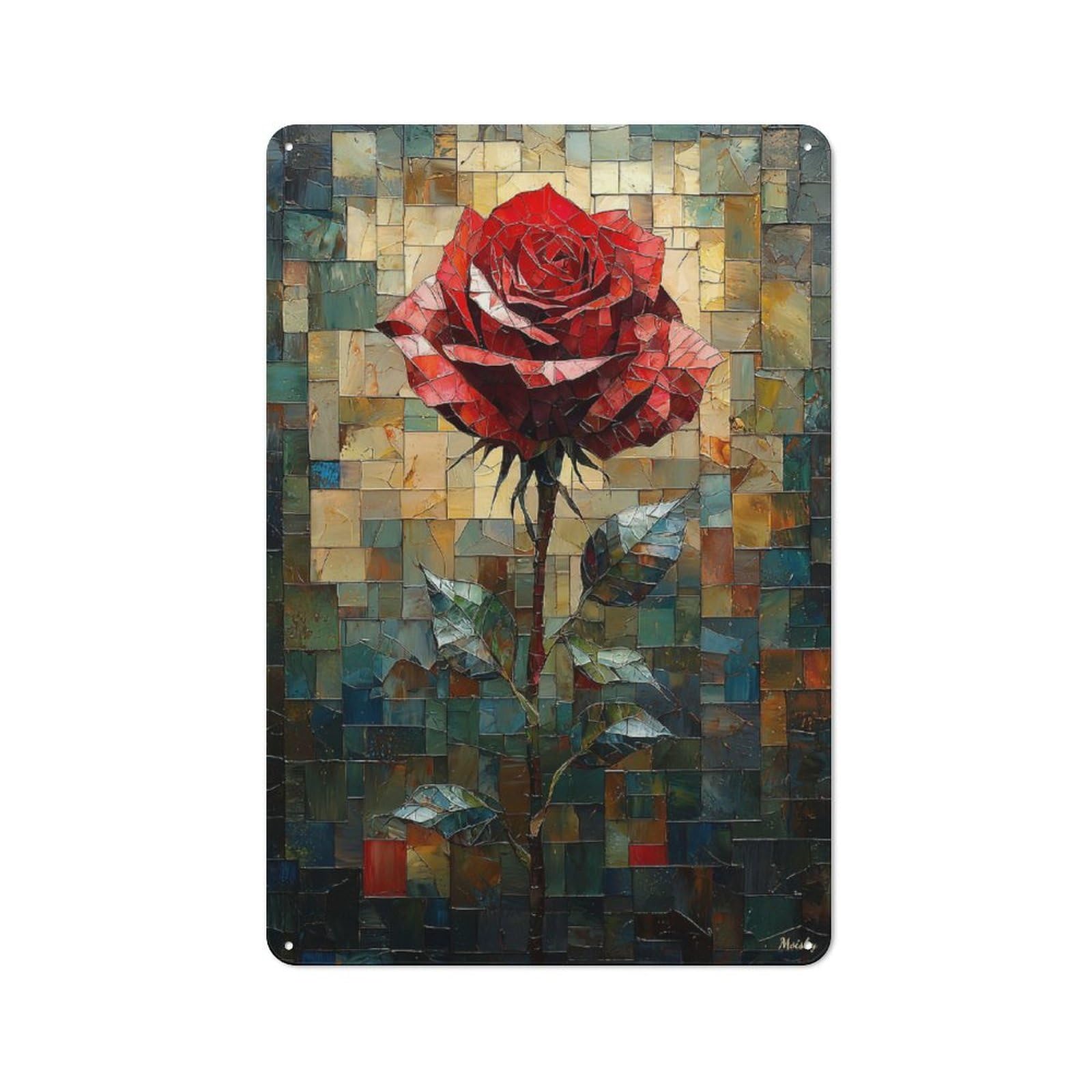 Stained Glass Red Rose of Elegance Retro Metal Sign 30x20cm for Garden Room Or Summerhouse, A Decorative Metal Sign for Garden Rooms And Summerhouses