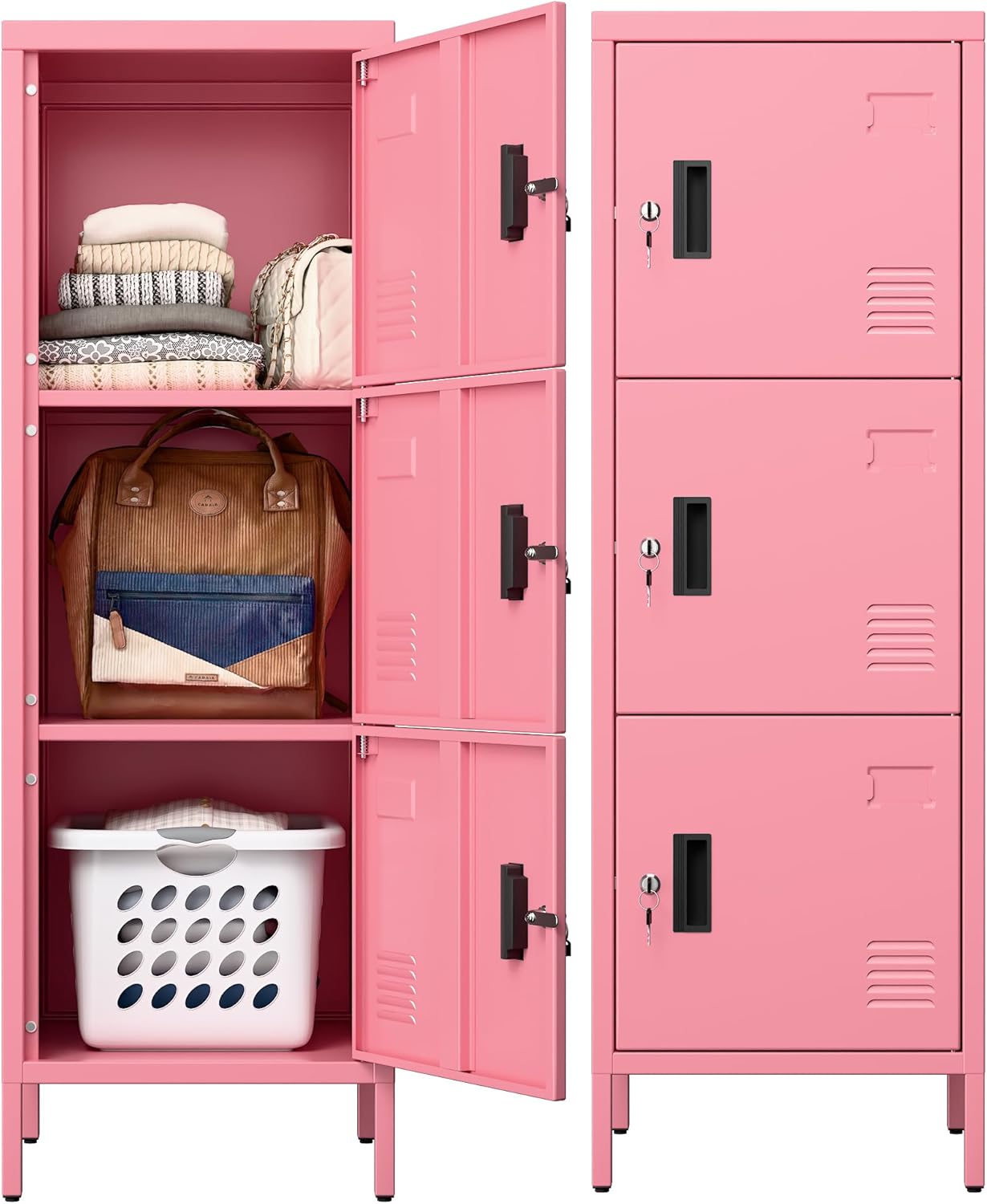Aobabo Metal Locker, 16" W 3 Door Metal Storage Lockers for Employees with Lock and Name Card Holder for School, Home, Office, Playroom, Assembly Required, Pink
