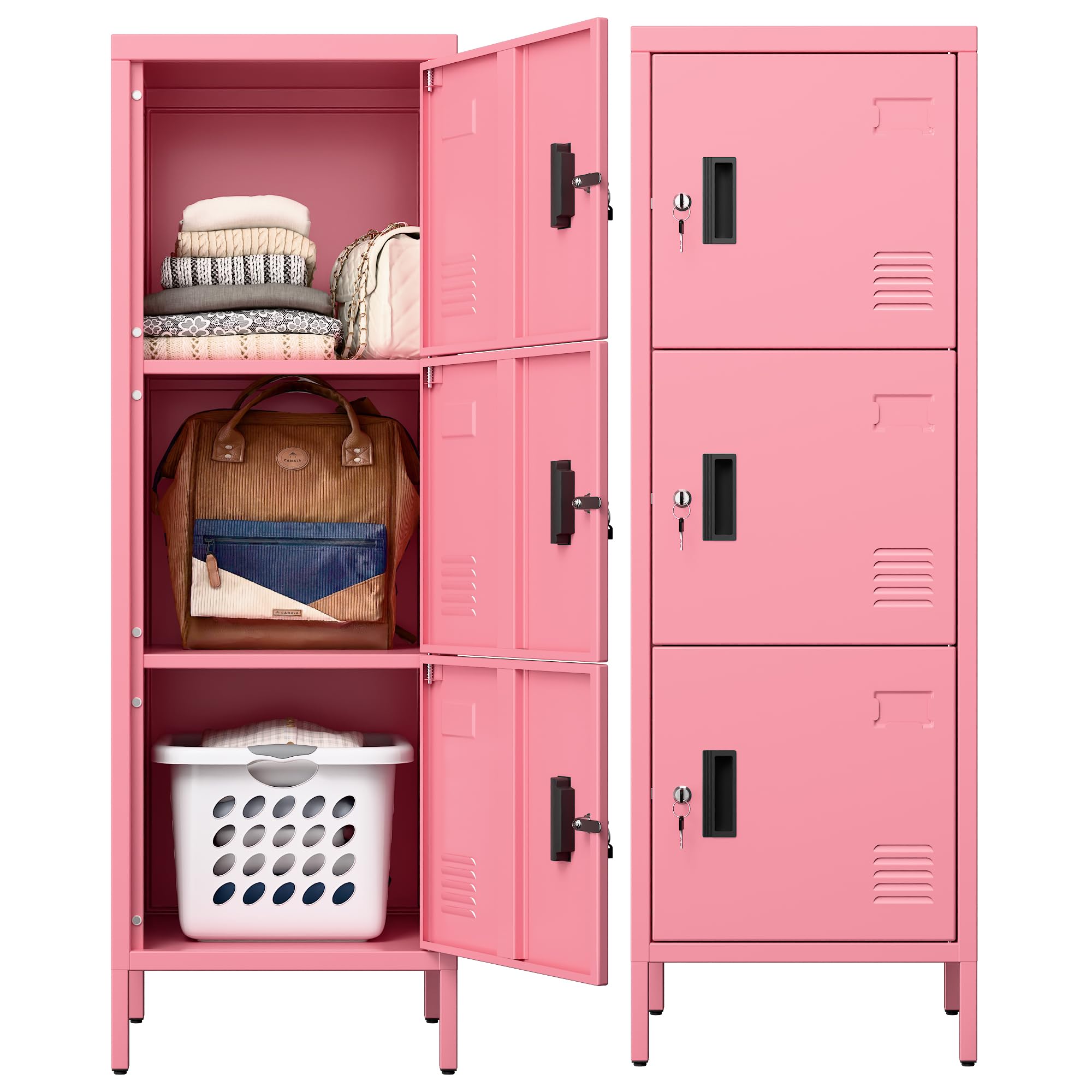 Aobabo Metal Locker, 16" W 3 Door Metal Storage Lockers for Employees with Lock and Name Card Holder for School, Home, Office, Playroom, Assembly Required, Pink