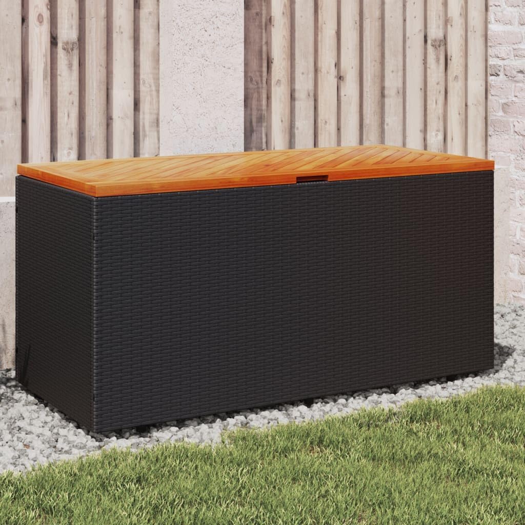 Patio Storage Box 43.3 Inch PE Rattan Outdoor Bench with Acacia Wood Top Water-Resistant Bag for Garden Poolside Deck Furniture Black Brown