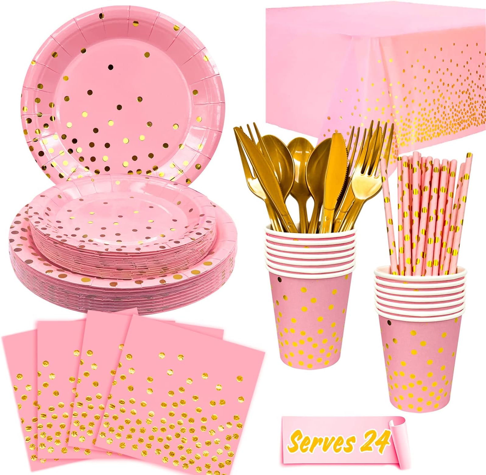 Fruitful PartyPink and Gold Supplies 193pcs/Serves 24 Pink and Gold Birthday Dinnerware Set- Pink and Gold Birthday Plates Cups Tablecloth etc Pink Decorations for Girl Graduation, Birthday, Holiday
