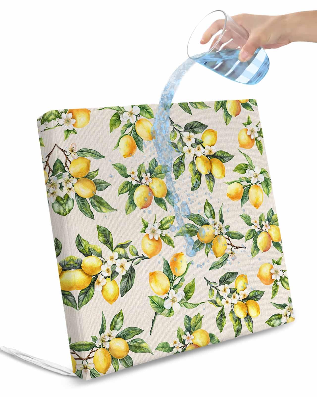 2 Pack Spring Lemon Waterproof Cushion Covers with Ties, Outdoor Patio Chaise Lounge Chair Seat Cushion Slip Covers Replacement(Only Cover) Vintage Rustic Botanical Flowers Leaves 24