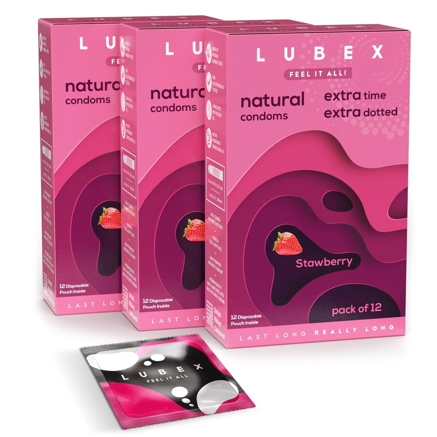 Lubex 6 in 1 Extra Time Condoms - Long Lasting with Disposable Bags - Ultra Thin & Extra Dotted - Strawberry Flavour - 36 Condom (Pack of 3)-image-21