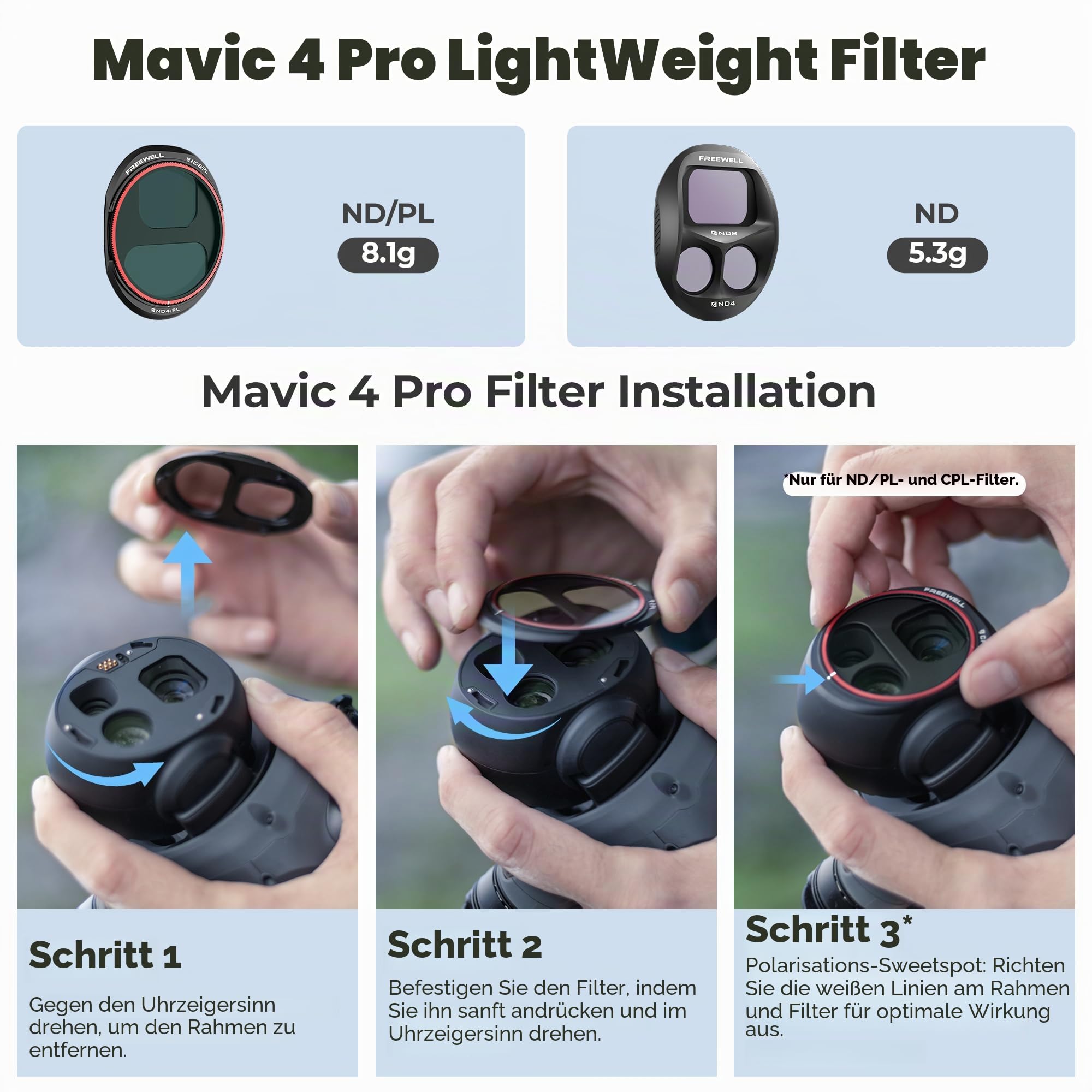 Freewell Split ND-Filter 4er-Pack für DJI Mavic 4 Pro – Split ND8/4, ND16/8, ND32/16, ND64/32 – Reduzieren Sie die Belichtung für filmische Luftaufnahmen