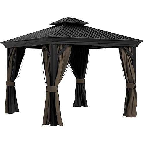 Outsunny 10' x 10' Hardtop Gazebo with Curtains and Netting, Permanent Pavilion Metal Double Roof Gazebo Canopy with Aluminum Frame and Hooks, for Garden, Patio, Backyard, Dark Brown