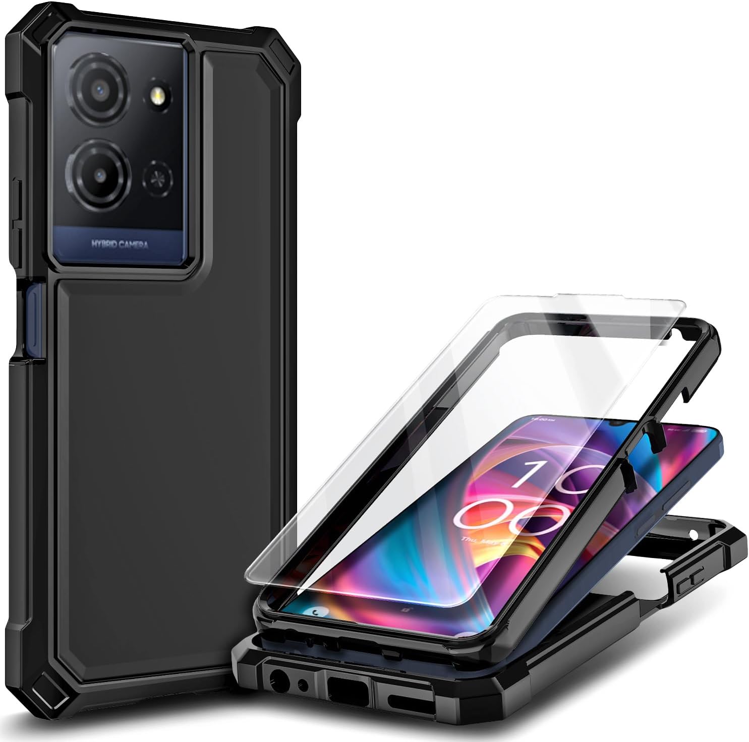 Compatible with TCL K32 5G & K33 5G Phone Case Black | Full-Body Protective Shockproof Rugged Bumper Cover with Screen Protector, Raised Corners Drop Protection