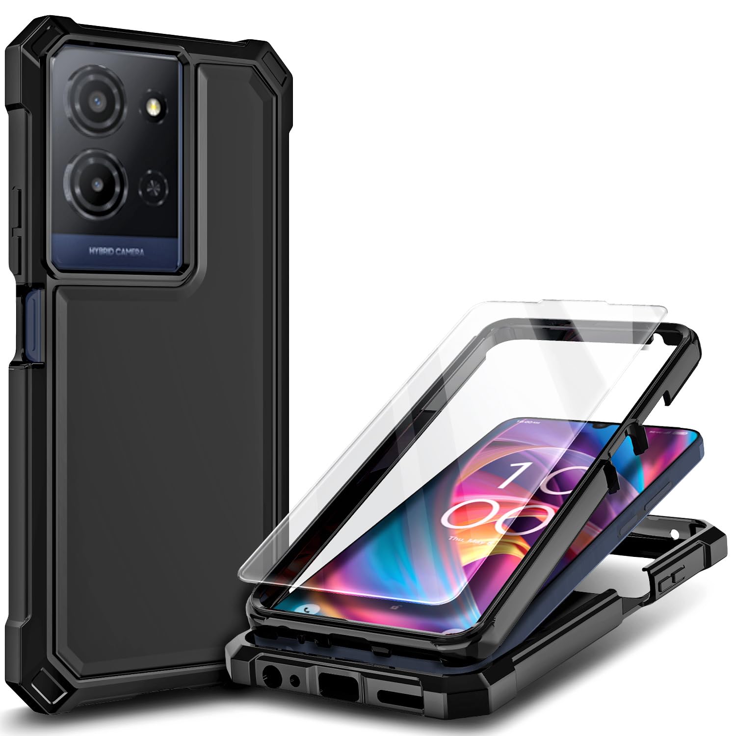 Compatible with TCL K32 5G & K33 5G Phone Case Black | Full-Body Protective Shockproof Rugged Bumper Cover with Screen Protector, Raised Corners Drop Protection