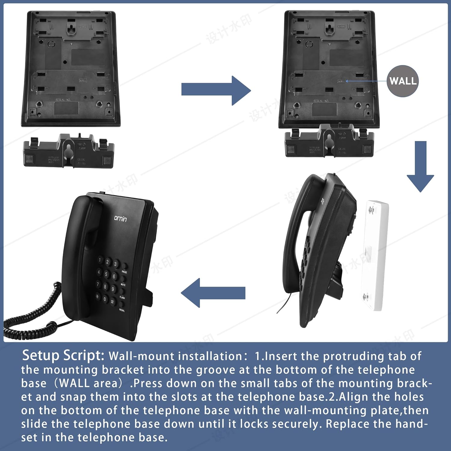Diagram showing steps for wall-mount installation of the ORNIN Y320 phone. It illustrates attaching the mounting bracket to the wall, then securing the phone base to the bracket.