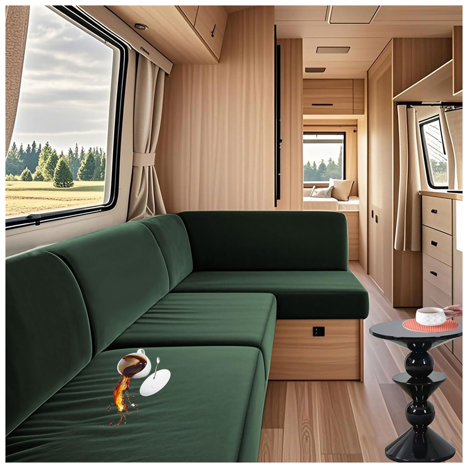 ZGDDPZA RV Sofa Cushion Covers Replacement Stretch Velvet Water-Resistant Caravan Seat Slipcovers with Elastic Band With 2 placemats for Motorhome Indoor Outdoor (Dark green,W 50-65cm L50-60cm)