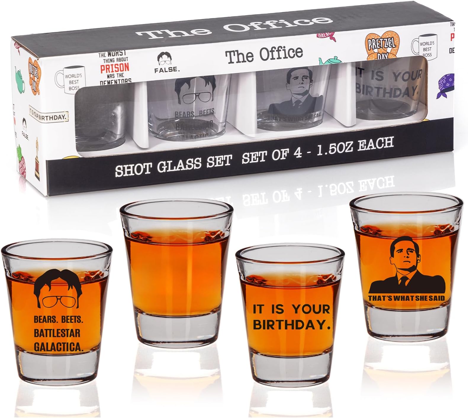 PuGez The Office Shot Glass Gift Set of 4, TV Show Merchandise, Keepsake for Fans Lovers, Birthday Presents for Men/Women,1.5 oz