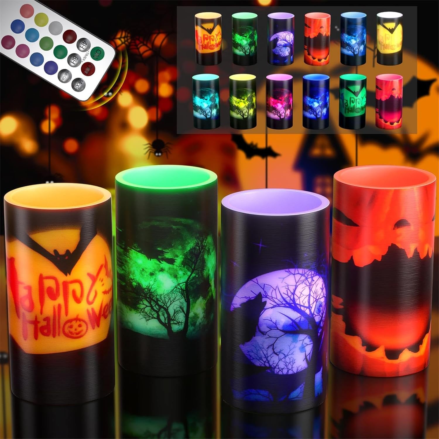 PChero Halloween FLameless Candles, 4 Packs Color Changing Battery Operated Pillar Candles with Remote Timer, Flickering LED Candles with Witch Bats Wolf Pumpkin Pattern for Halloween Decoration