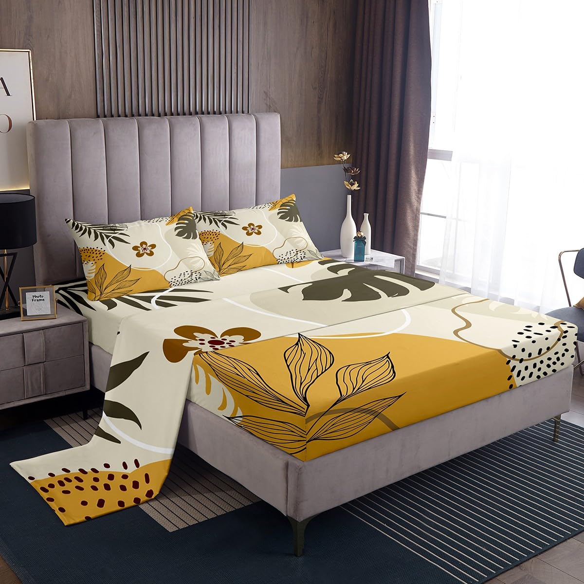 Homewish Juego de sábanas abstractas de mediados de siglo, color beige, marrón, ropa de cama floral bohemia con estampado botánico, minimalismo, bonito juego de sábanas de 4 piezas