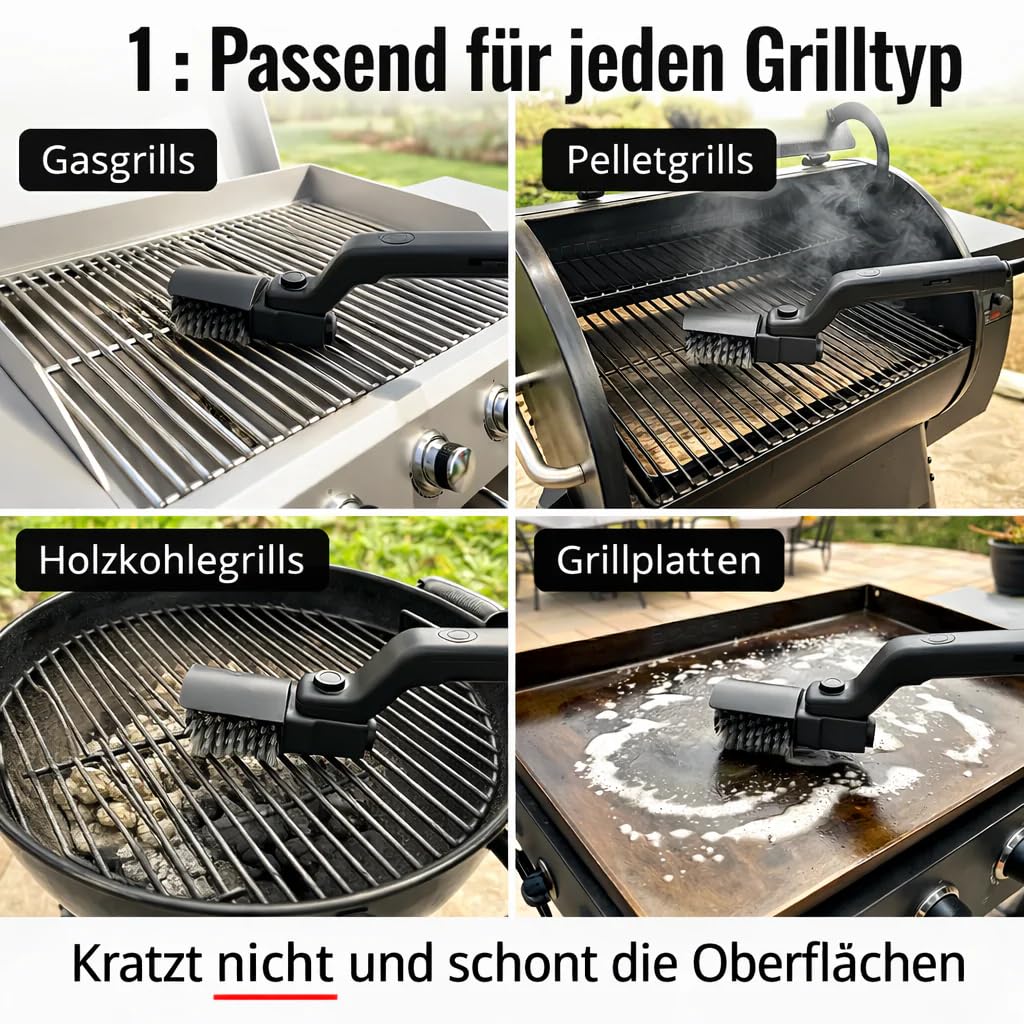 DARAMIN – Grillrost wie neu in Sekunden Kraftvolle kabellose Elektrische Grillrostbürste mit 3 Reinigungsstufen und 180° verstellbarem Bürstenkopf, geeignet für alle Grilltypen, zeitsparend