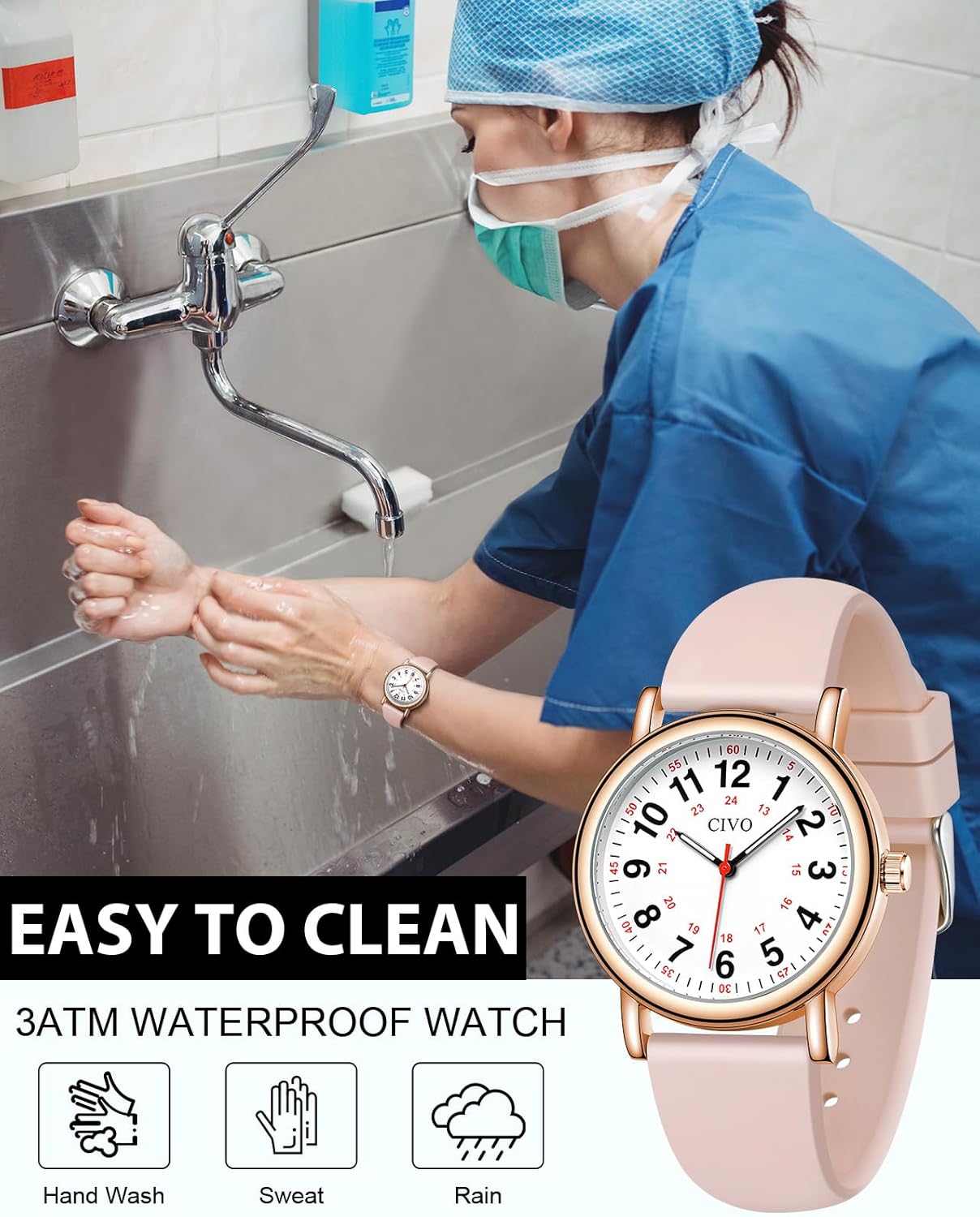 CIVO Nurse Watches for Women Men: Waterproof Wristwatch with Easy-Read Dial - Analog Watch with 12/24 Hour & Second Hand for Ladies Students Doctors Gifts - Image 2