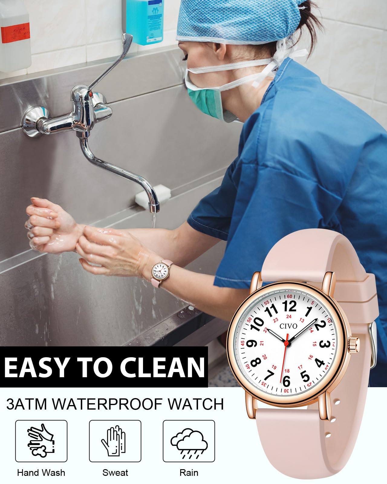 CIVO Nurse Watch for Women Men: Waterproof Nursing Easy Read Dial Wristwatch - Analog Watches Students Ladies 24 Hour with Second Hand for Gift
