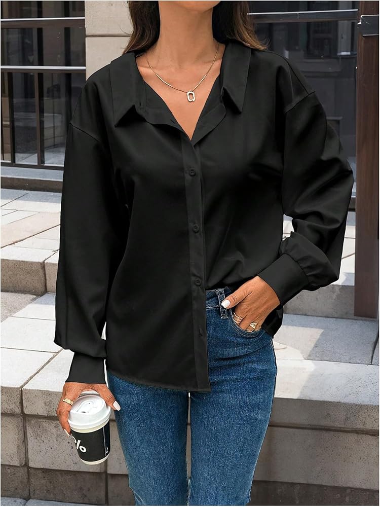 SweatyRocks Women's Cut Out Back Button Down Collared Blouses Long