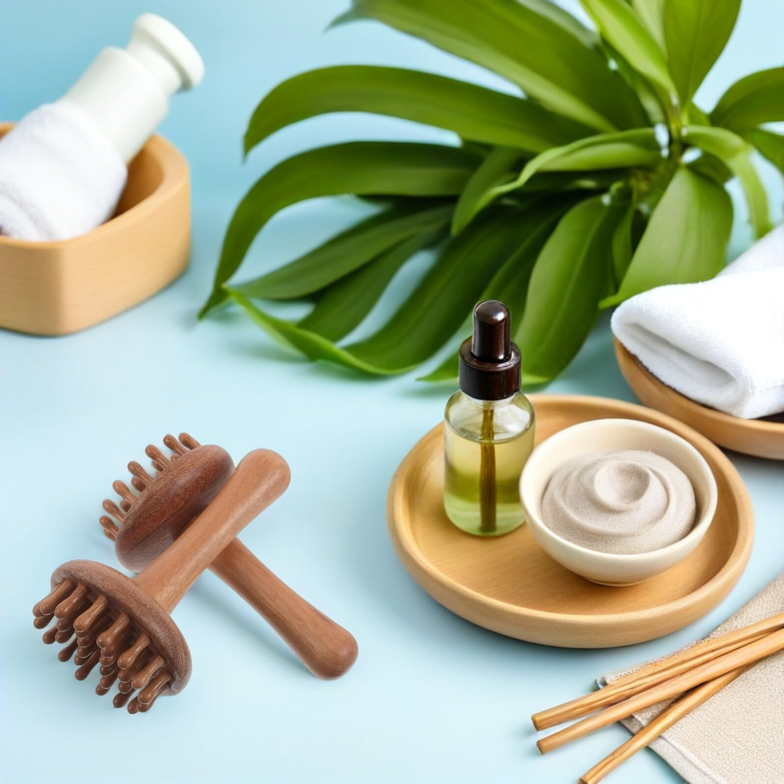 2 Stück Sandelholz Massagebürste mit Griff zur Meridianmassage und Akupunktur Breiter Zahnkamm für Entspannende Ganzkörpermassage zu Hause und Reisen