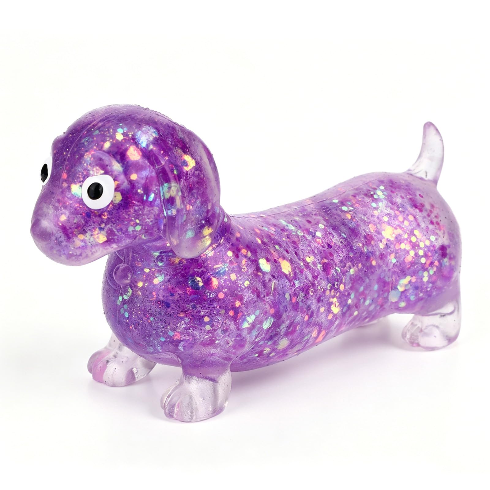 Sinbana Glitter Dachshund Squishy Toy, Soft TPR Material Weiner Dog Squeeze Fidget Sensory Toy Sparkly Sausage Dog Squishies for Adults Home Office Travel Play (Purple)