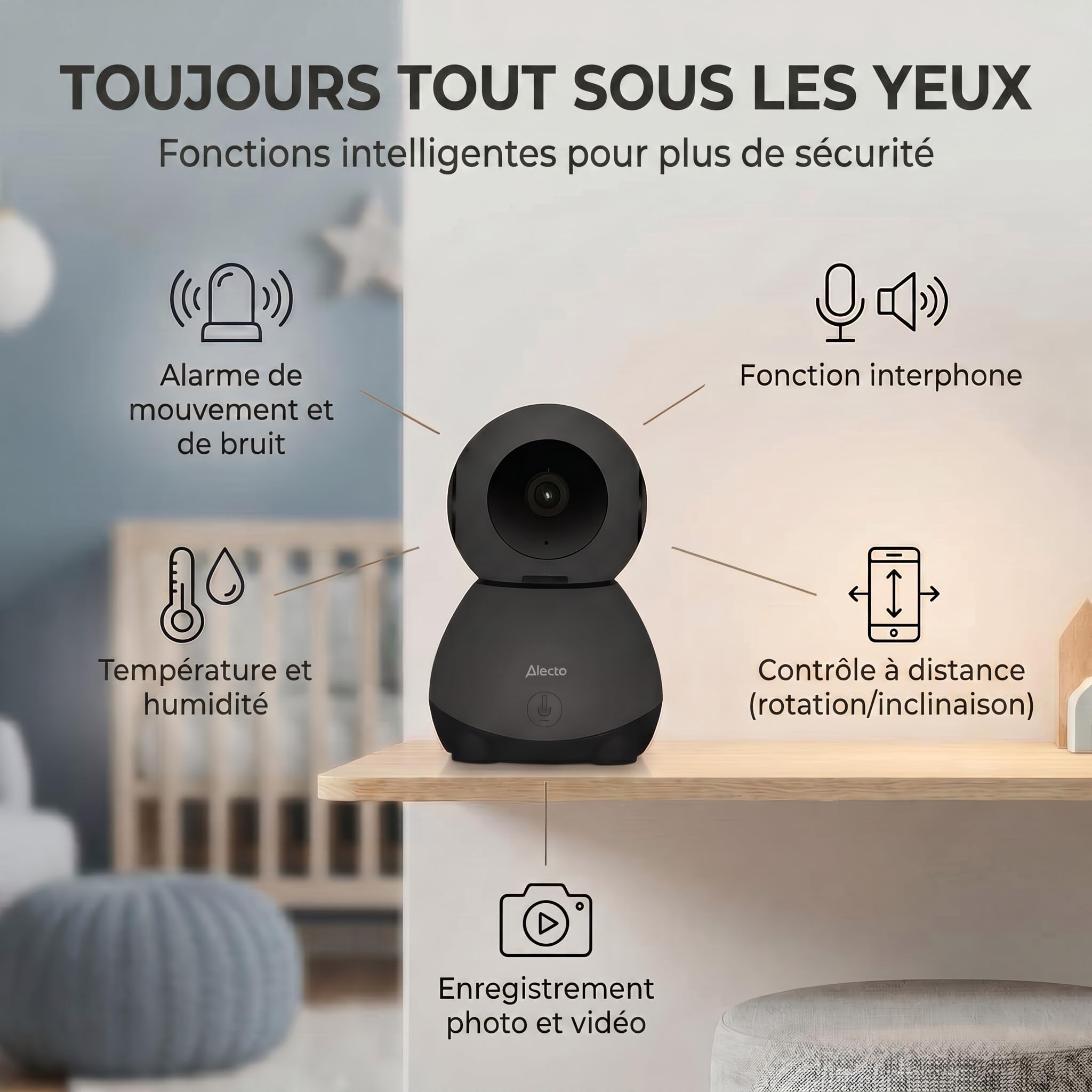 Alecto SMARTBABY10BK Babyphone Camera - Camera Bebe WiFi - Noir | Baby-phone - Baby Monitor - Vision Nocturne
