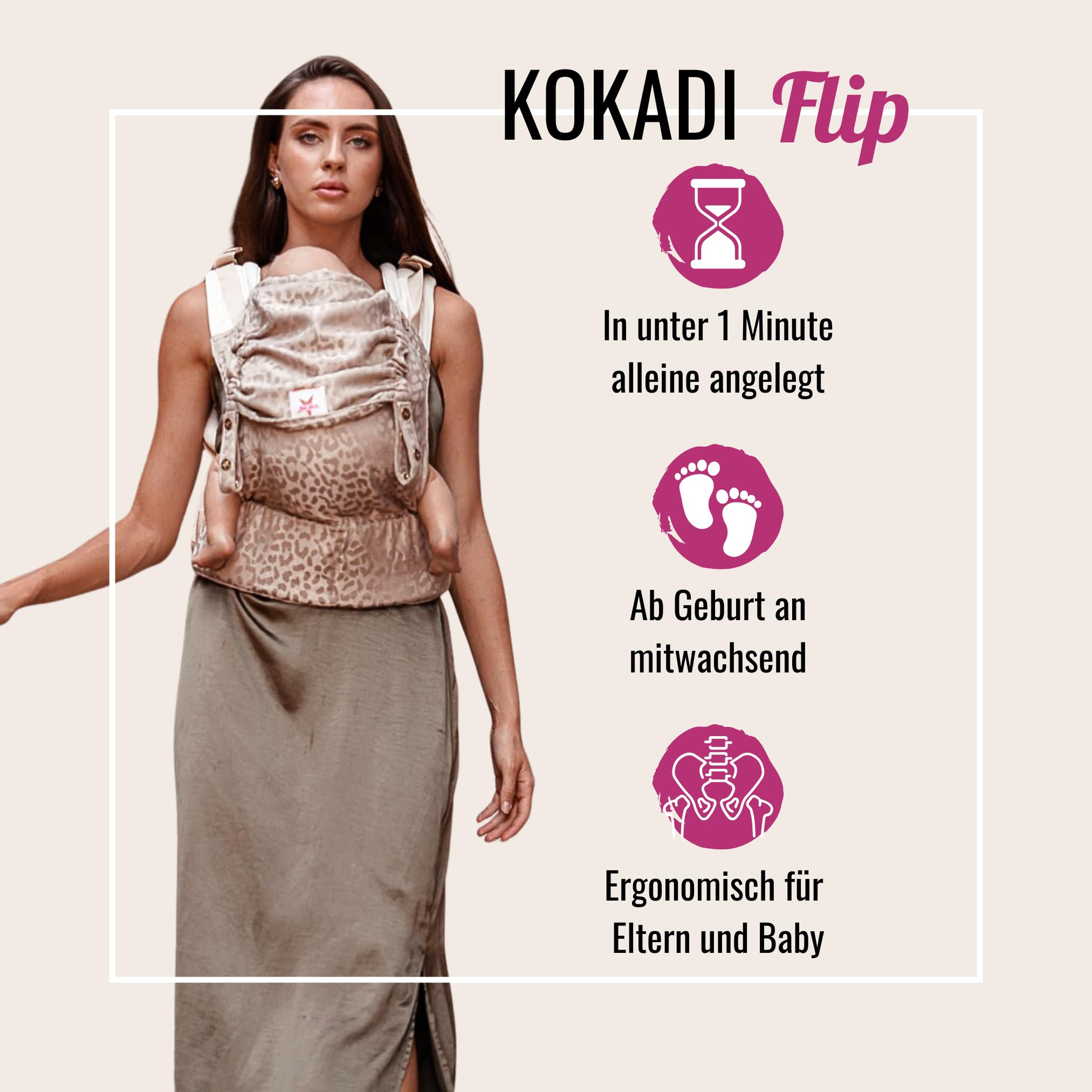 KOKADI Babytrage Flip Safari Eleni (Unisize)– Ergonomisch & sicher - handgefertigt – Ab Geburt bis 15 kg, einfach anzulegen, ideal für den täglichen Gebrauch -Ergonomische Babybauchtrage Rückentrage