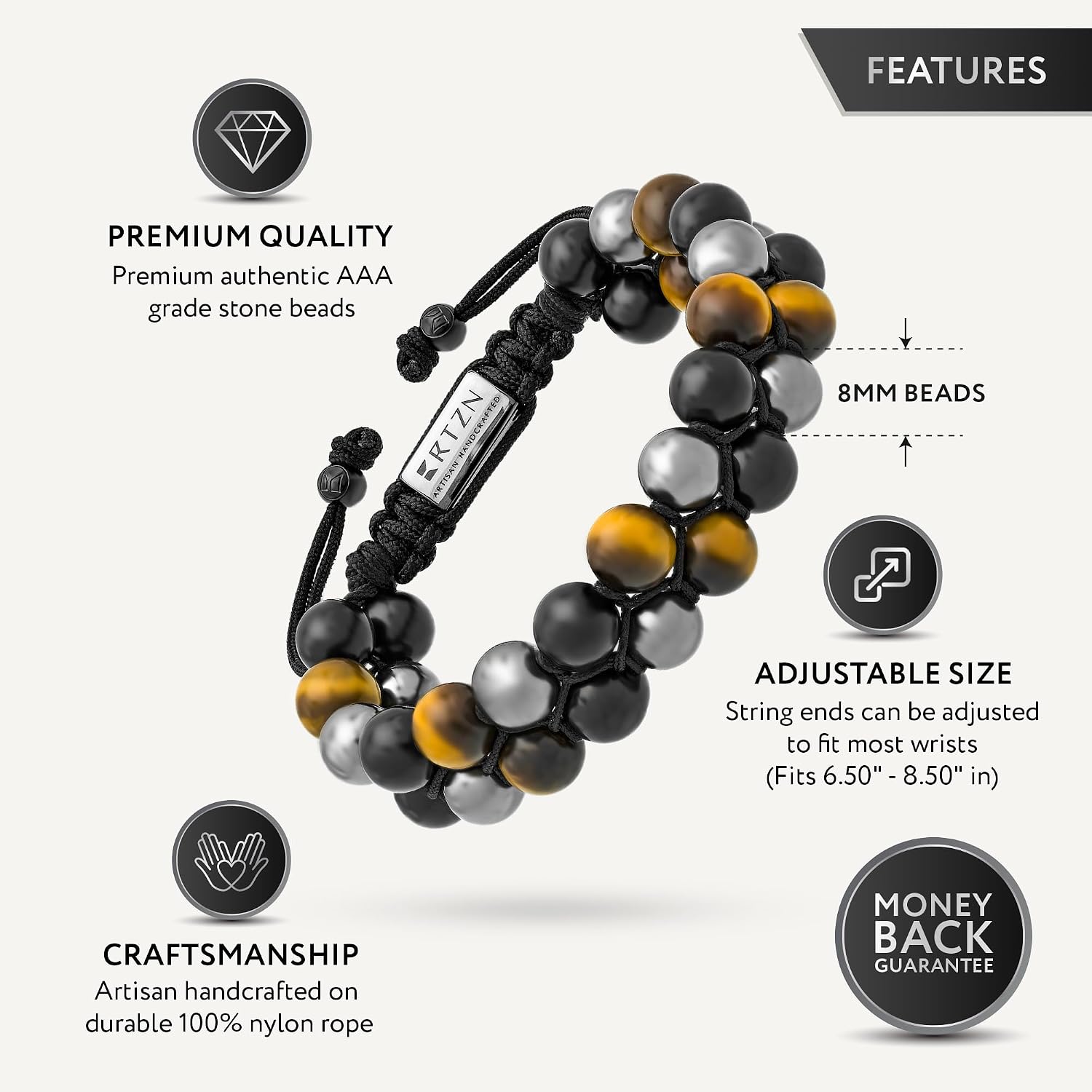 RTZN® Triple Protection Bracelet for Men – Premium Artisan Handcrafted Authentic Tiger Eye, Black Obsidian & Hematite Bracelet for Men – 8mm Protection Stones Mens Bead Bracelets