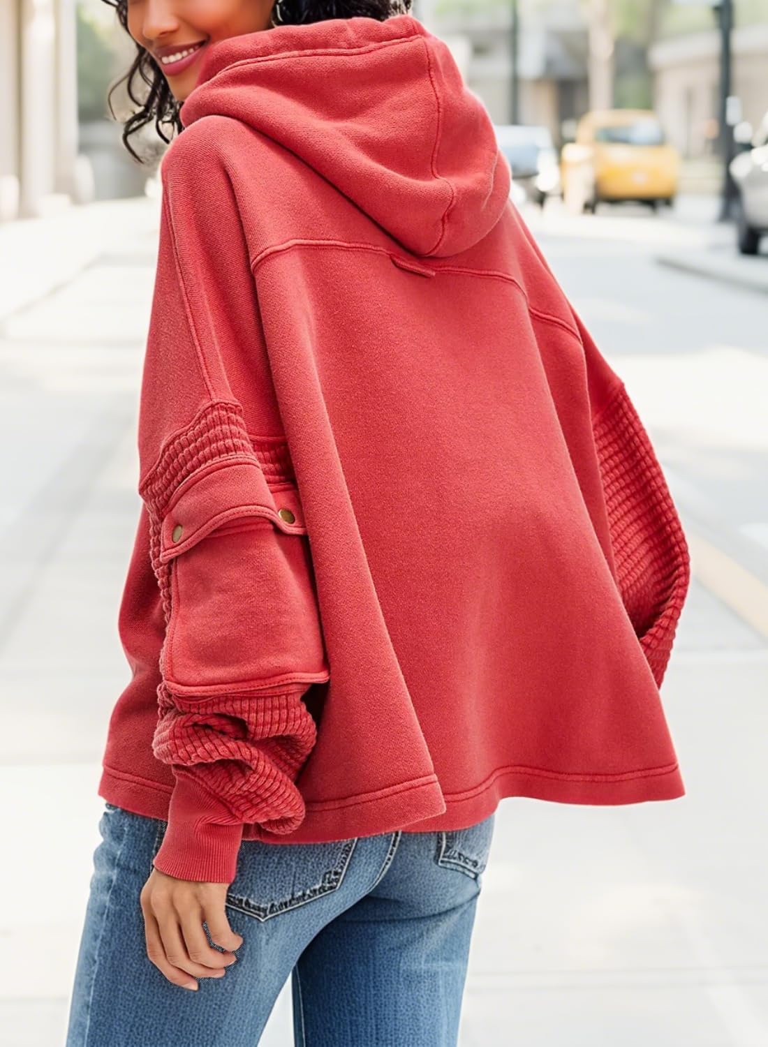 Womens Hoodies Oversized Floral Patchwork Sweatshirt Waffle Drop Shoulder Casual Drawstring Long Sleeve Top - Image 3