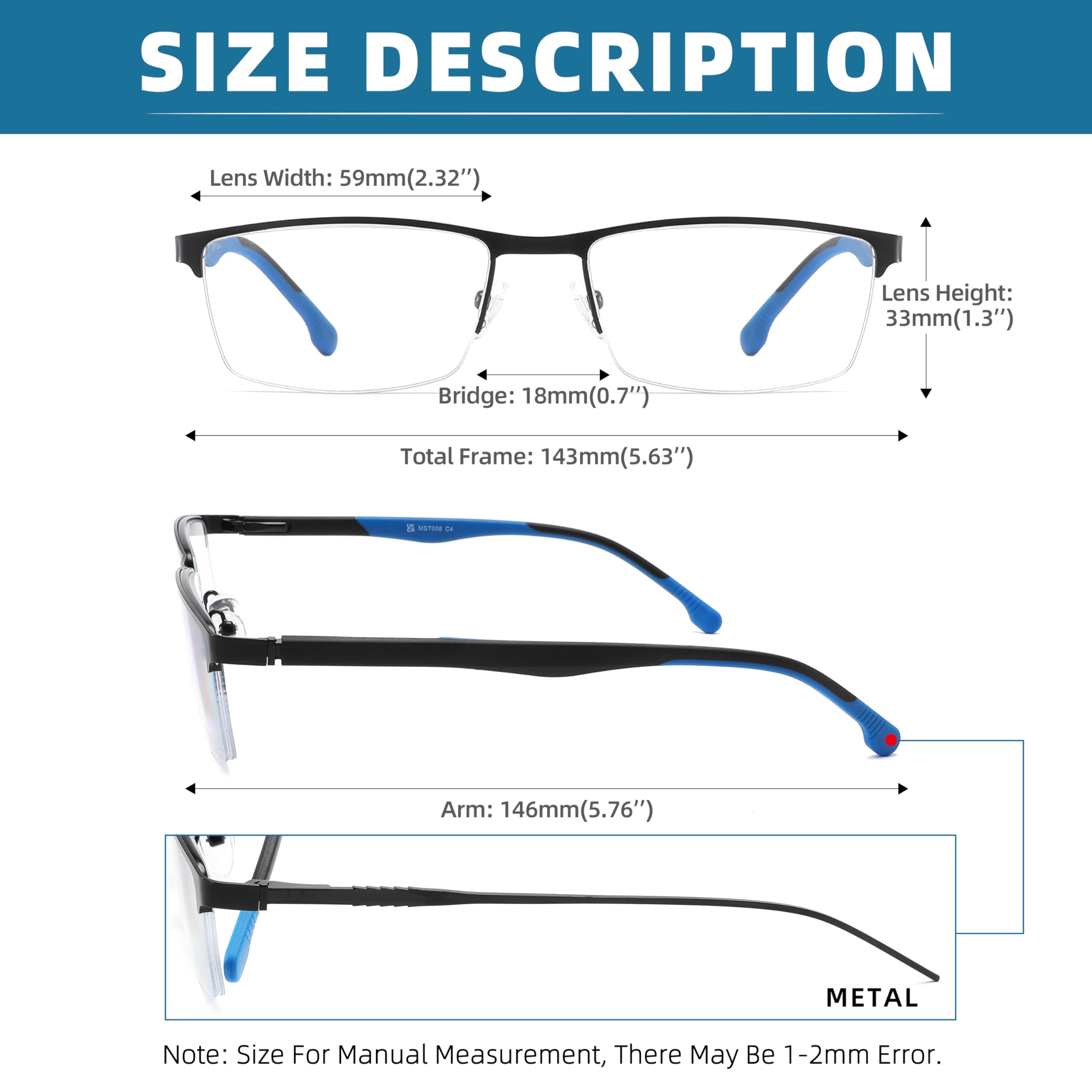 MODFANS Un Pack de 3 Gafas de Lectura Hombres Mujeres Anti Luz Azul,Rectangular Metal Acero Inoxidable - Lente Clara,Vision Clara - Ligeras Comodas,Colores Mezclados