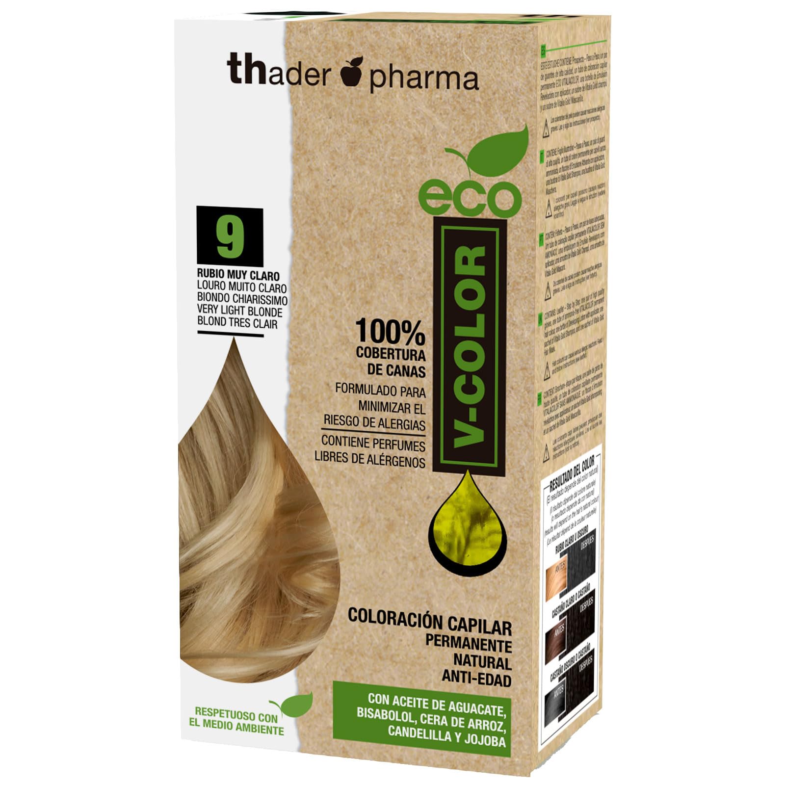 Thader Th Pharma ECO V-Color Permanent Hair Color Kit Ammonia-Free 100% Gray Coverage, 120 ml (No. 9 Very Light Blonde)