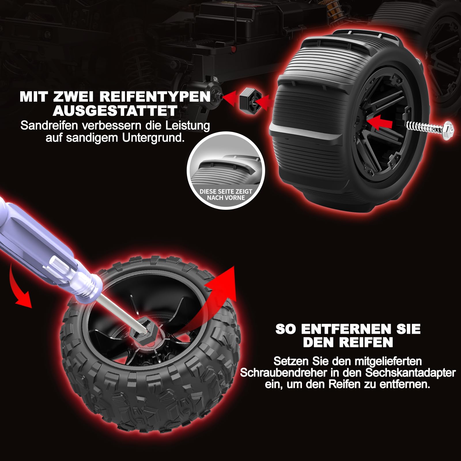 Ferngesteuertes Auto All-Terrain 1:14,4WD Offroad RC Monstertruck mit 40 km/h, mit 2 wiederaufladbaren 1300mAh Akkus, 2 Reifensets, RC Auto für Erwachsene & Jungen Geschenk