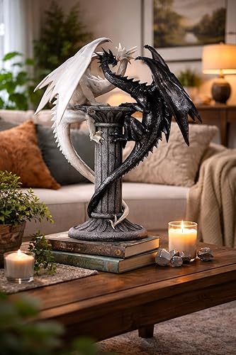 Miniatura 5 de ICE Armor Estatua medieval de dragones blancos y negros de 19.5 pulgadas de alto, escultura grande, dragones gemelos en columna en blanco y negro,