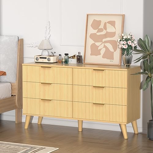 Miniatura 6 de Buenhomino Cómoda de 6 cajones para dormitorio, cómoda moderna de 47 pulgadas de ancho con diseño estriado, soporte de TV de tocador, organizador de