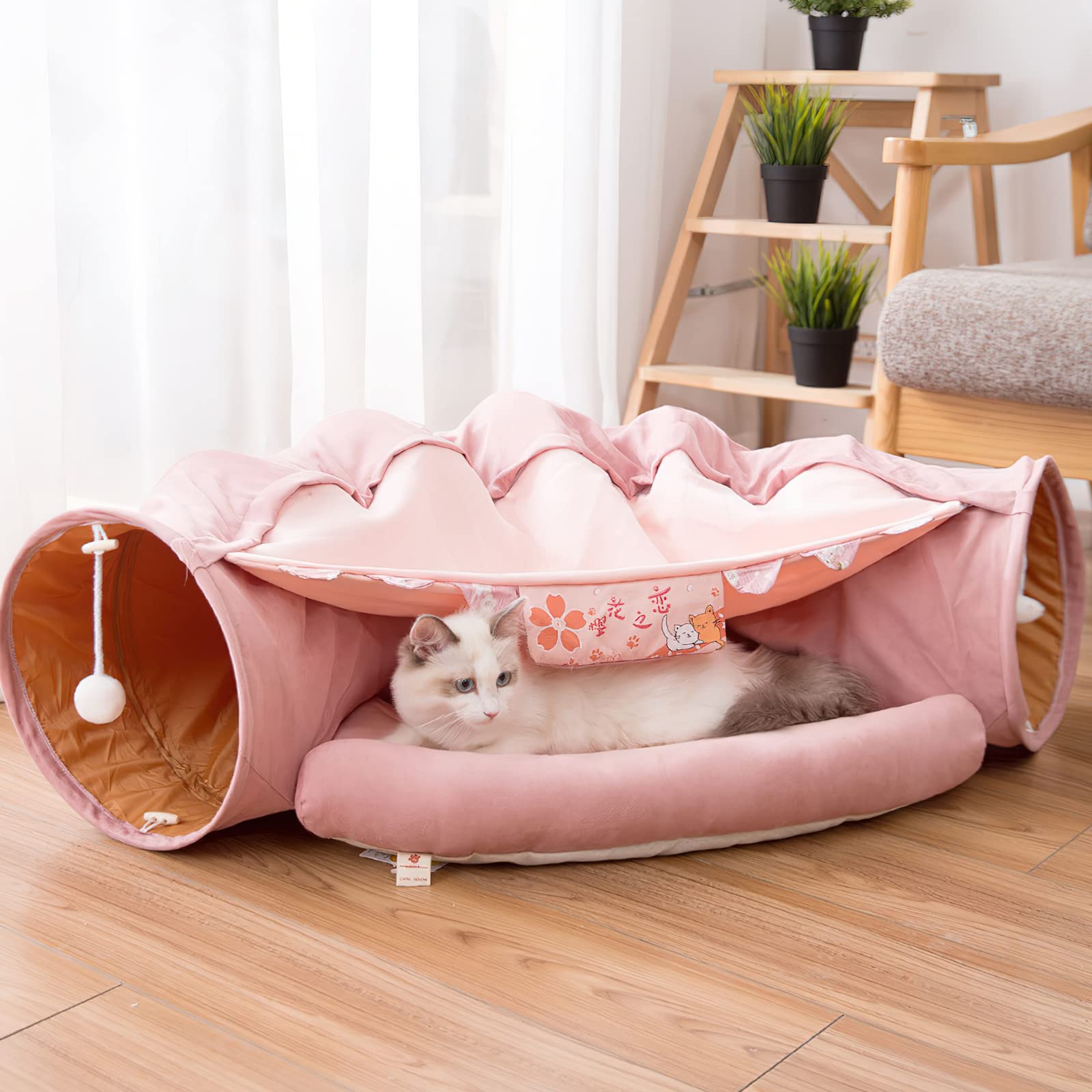 Galatée Katzenbett, Katzentunnel Mit Kissenmatte, Haustierhöhlenbett Mit 2 Hängenden Kratzbällen, Weiches Und Gemütliches Katzentunnelbett, Katzentunnel Für Indoor-Katzen(Hellgrün)