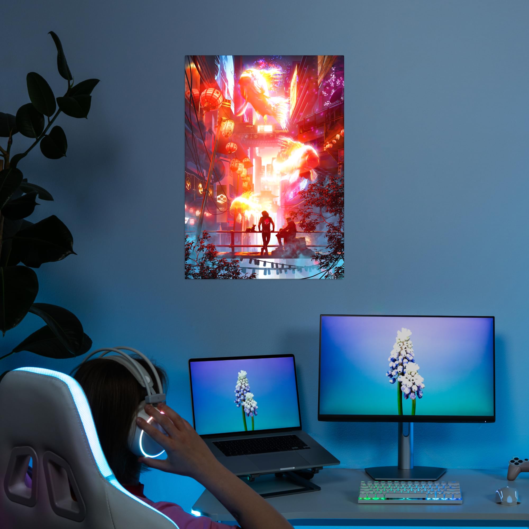 Displate Metallposter, Cyberpunk 2077 Merchandise - Festive at Night City, Wandbilder Schlafzimmer, Wanddeko, Geschenk, Wanddekoration Wohnzimmer, Poster 45 cm x 32 cm