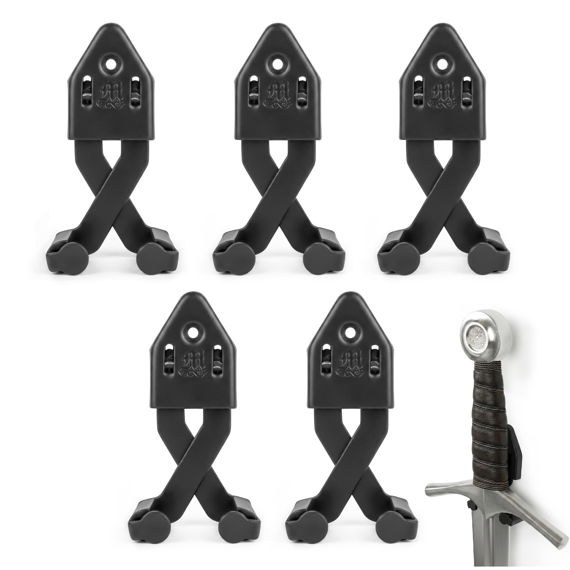 Mythrojan Metal Single Sword Wall Mounts Vertical Sword Mount Display Wall Hanger Adjustable Multifunctional Mount Wall Decor Rack for Axe, Knives - 3", Black (Pack of 5)