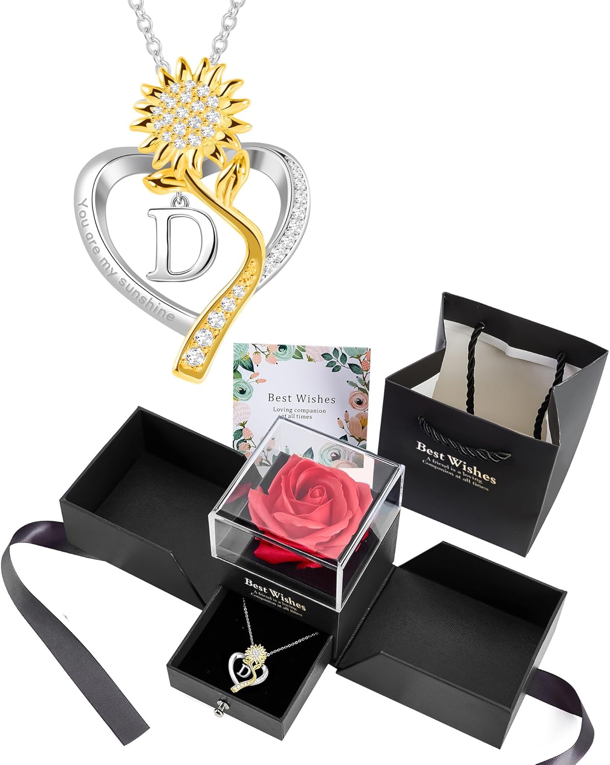 Birthday Gifts for Women Preserved Real Rose with Sunflower Initial Necklace - Birthday Gifts for Women Her Mom Wife on Valentines Mothers Day Christmas Anniversary Romantic with Pendant D