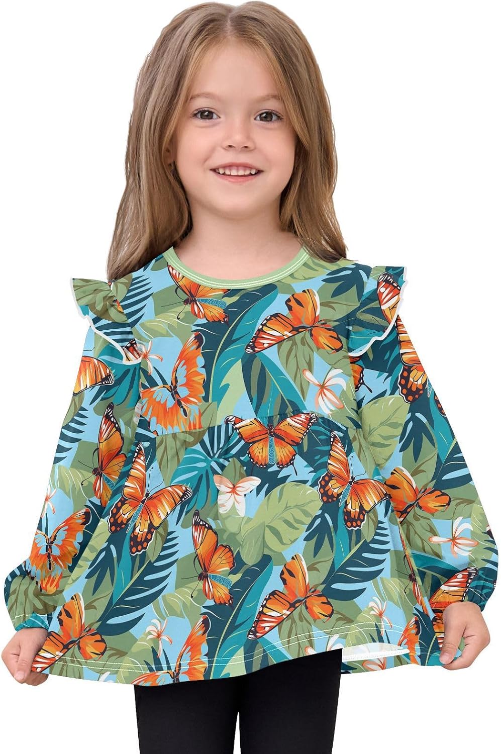 visesunny Toddler Clothes for Girls Palm Leaf Butterfly Long Sleeve Fall Shirts Cotton Top with Ruffle Collar