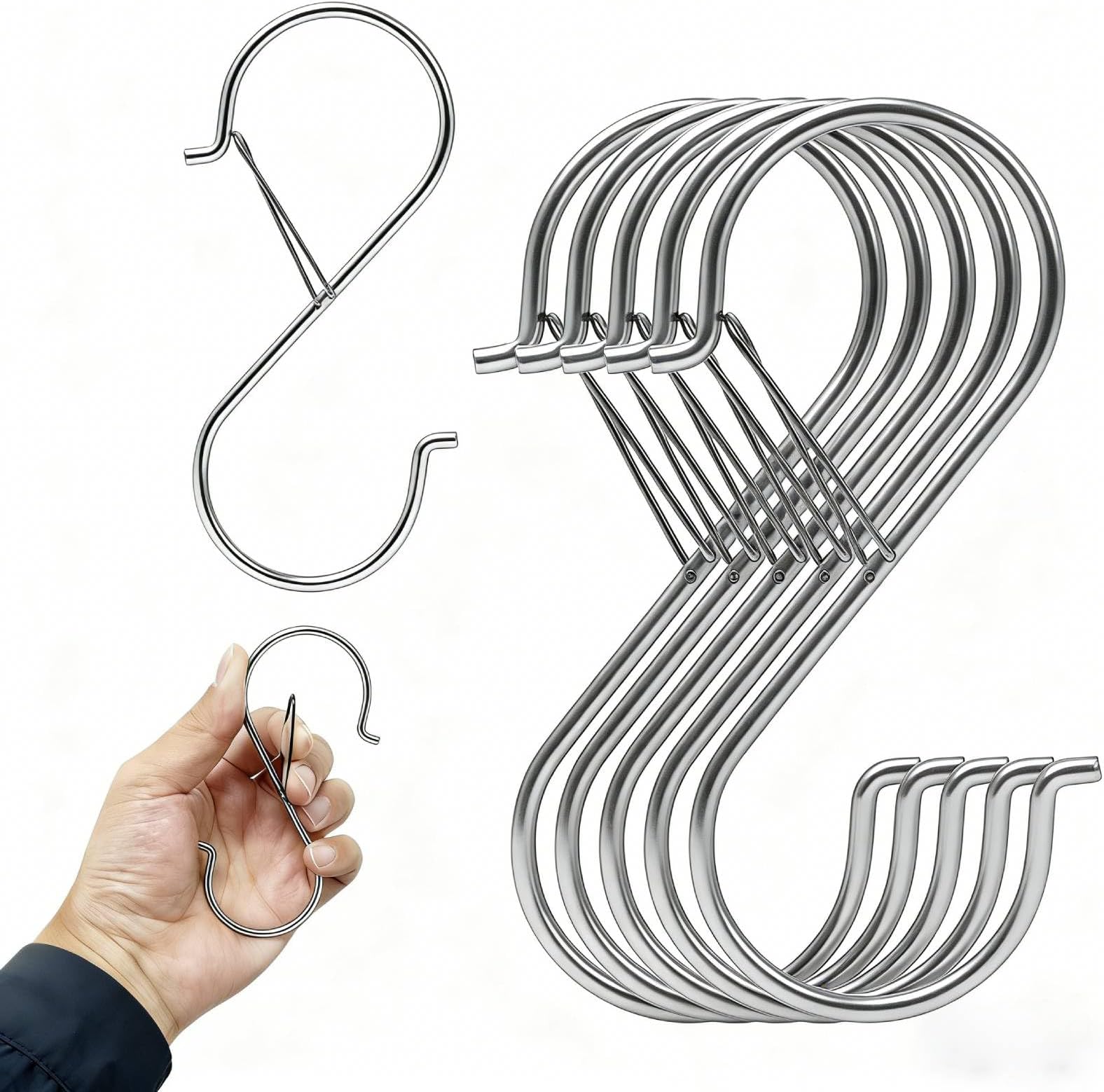 6 Pack 3.7" S Hooks for Hanging, Heavy Duty S Hooks with Safety Buckle, S Shape Hooks for Hanging Kitchen Utensils, Pots and Pans, Cups, Plants, Clothes and Bags, Silver