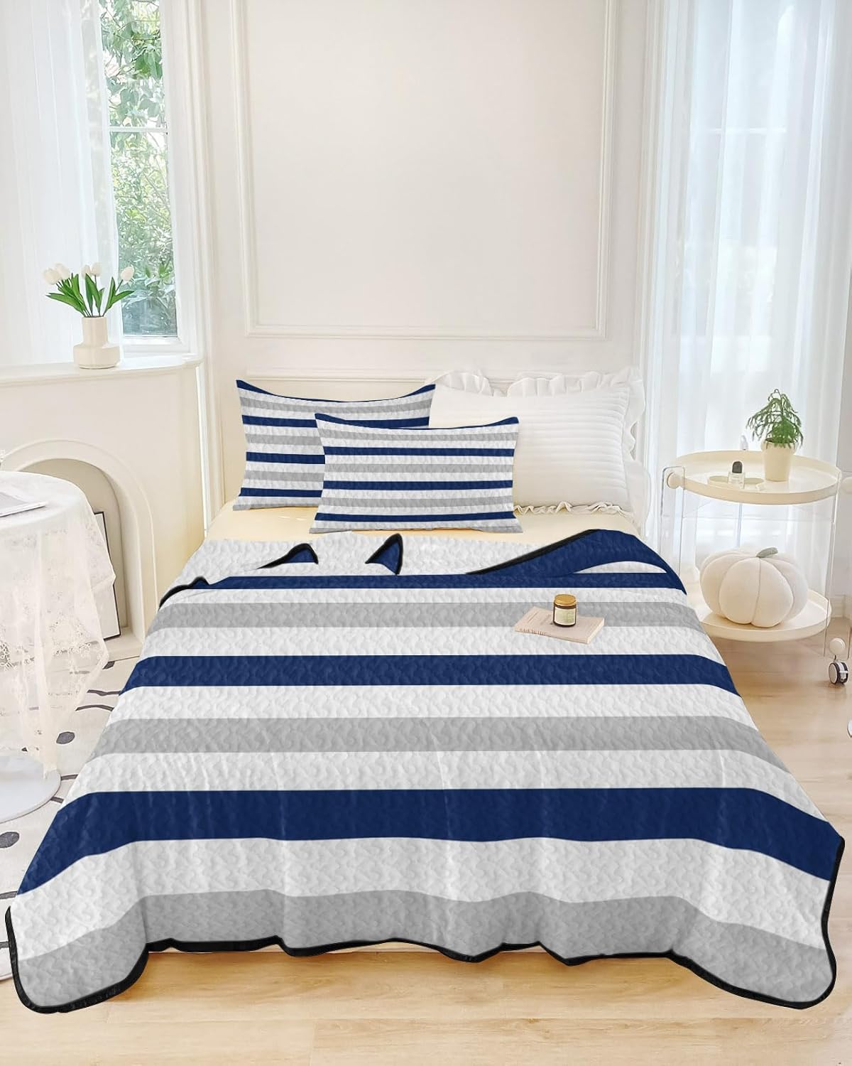 Queen Size Quilt Set, Blue Grey Striped Lightweight Bedspread Coverlet Set Soft Microfiber Summer Quilt with 2 Pillow Shams, Country Geometric Line 3 Piece Comforter Bedding Set