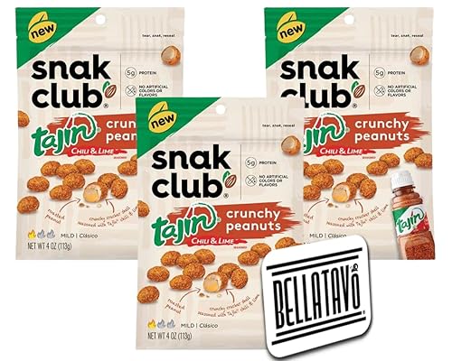 Paquete de cacahuetes crujientes de chile y lima Incluye tres bolsas de 4 onzas de cacahuetes crujientes de Snak Club Tajin y un imán de