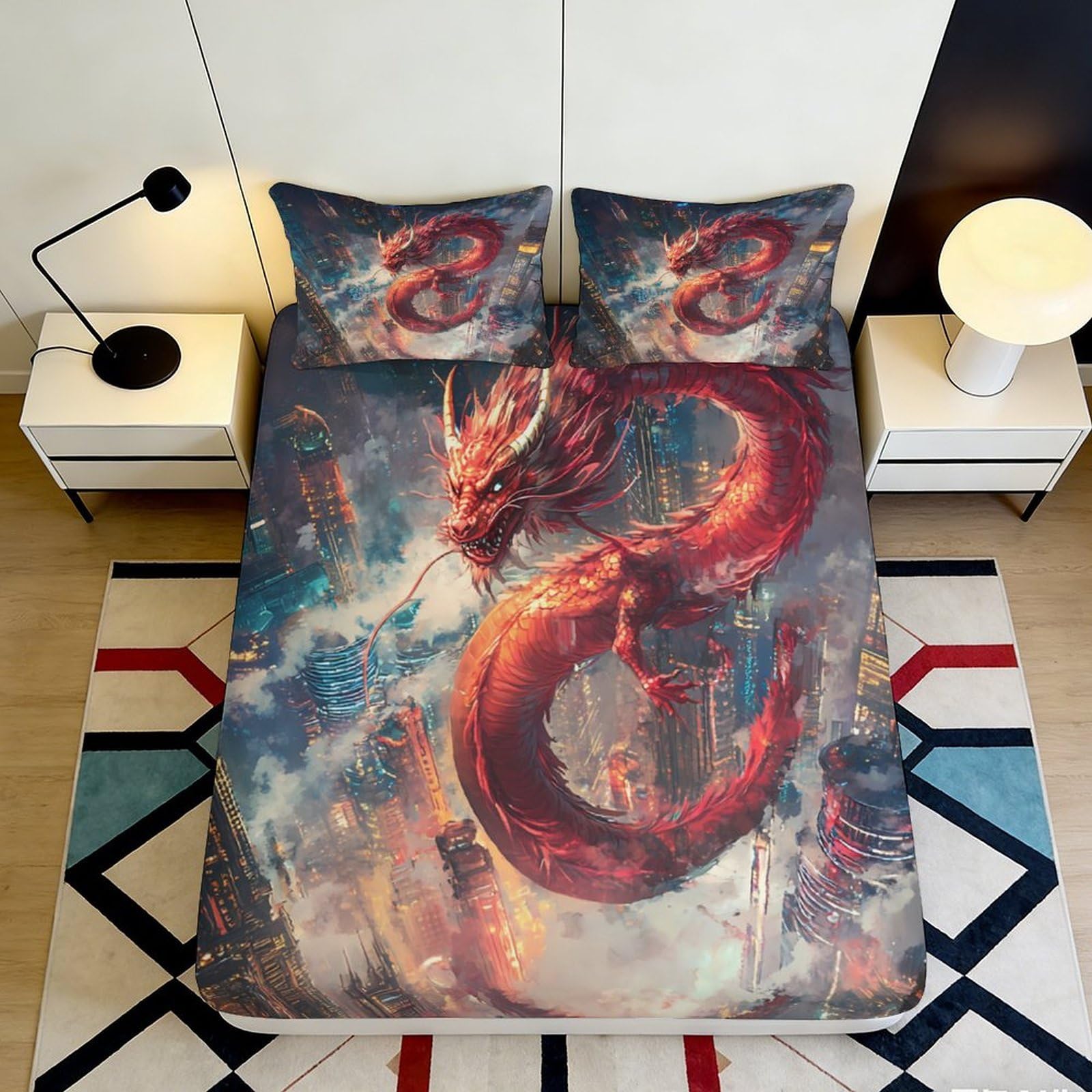 3D Printed Red Dragon Fitted Sheet Microfiber Soft Breathable Fantasy Fire Mattress Cover for Bedroom Guest Decor 90x200x25cm