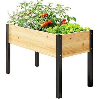 Sunyrisy Raised Bed for Balcony and Garden with Metal Legs 116 x 60 x 80 cm Wooden Planter Flower Box Herb Bed Fir Wood Plant Bed Flower Bed Raised Bed Kit for Patio Wood Colour