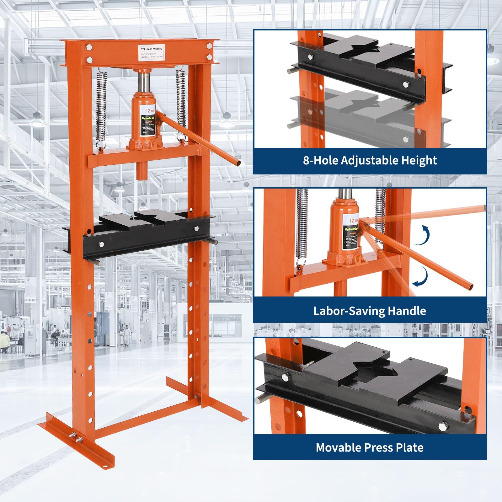 12 T Hydraulic Shop Press - H-Frame Benchtop Design w/ 2 Press Plates & Height Adjustment for Garage Workshops, Blue - 4