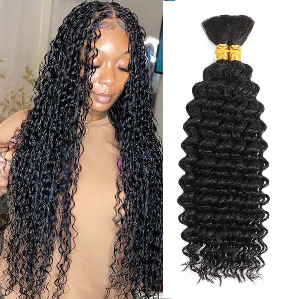 24 inches Braiding Hair Deep Wave Bulk Human Hair for Braiding No Weft Bundle ±100g 2 Bundles/Pack Brazilian Virgin Water Curly Bulk Human Hair Human Hair Extensions Boho Braids 100% Human Hair