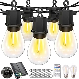 Solar Outdoor String Lights, 48FT LED Patio Lights Solar Powered for Outside IP65 Waterproof, Hanging Solar Lights with 8 Modes 16+2 Shatterproof Bulbs for Hallowmas Party-3000K Warm White